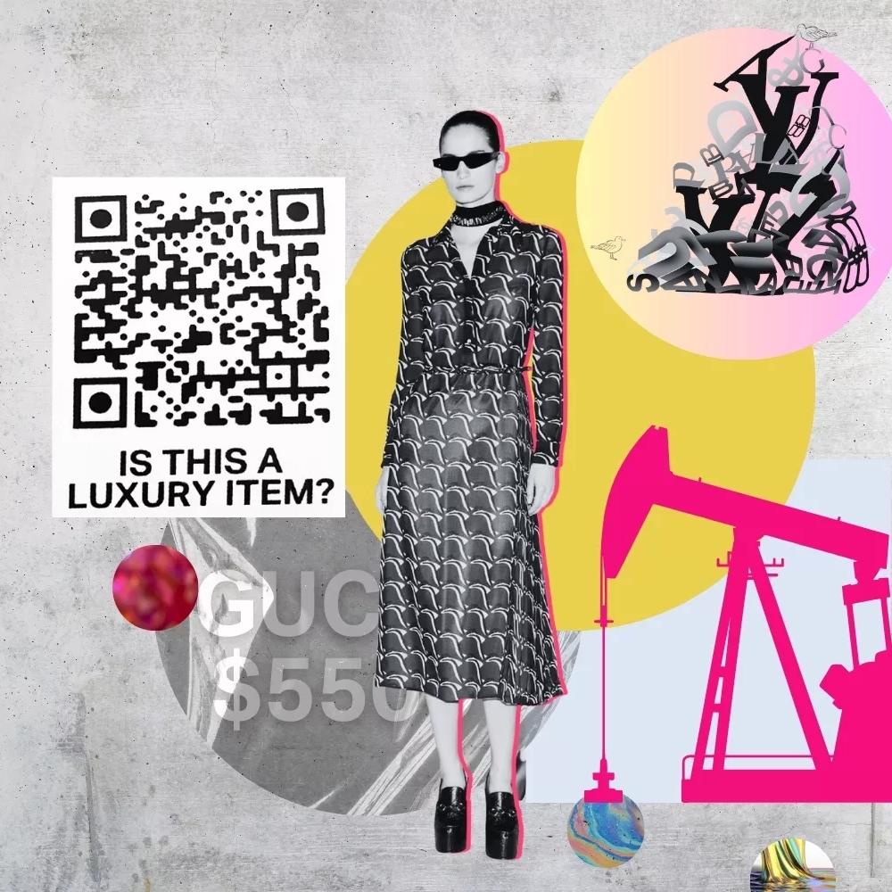 Is This a Luxury Item campaign collage featuring a model, QR code and oil pump